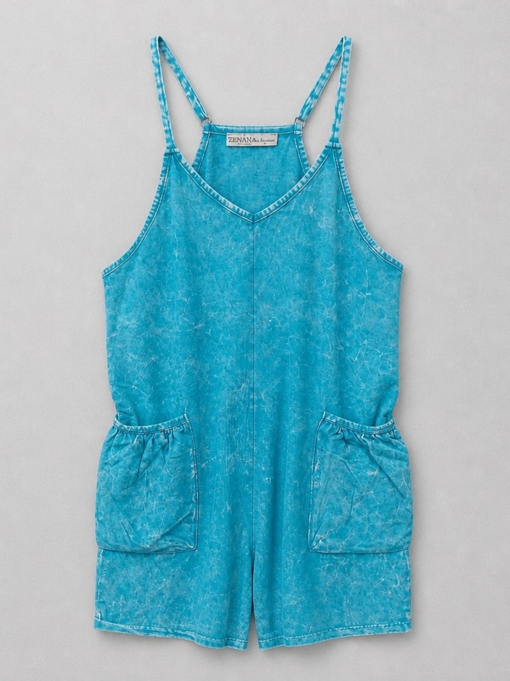 Zenana Outfitters Turquoise Blue Acid Crinkle Washed Romper NWOT SZ Small